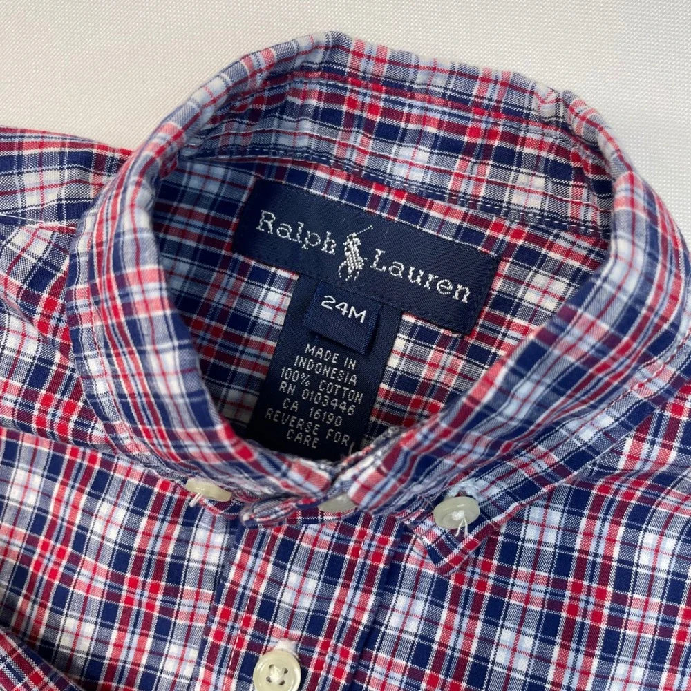 Ralph Lauren Kids Plaid Button Down Shirt‎ Long Sleeve Red Blue White Pony 24M